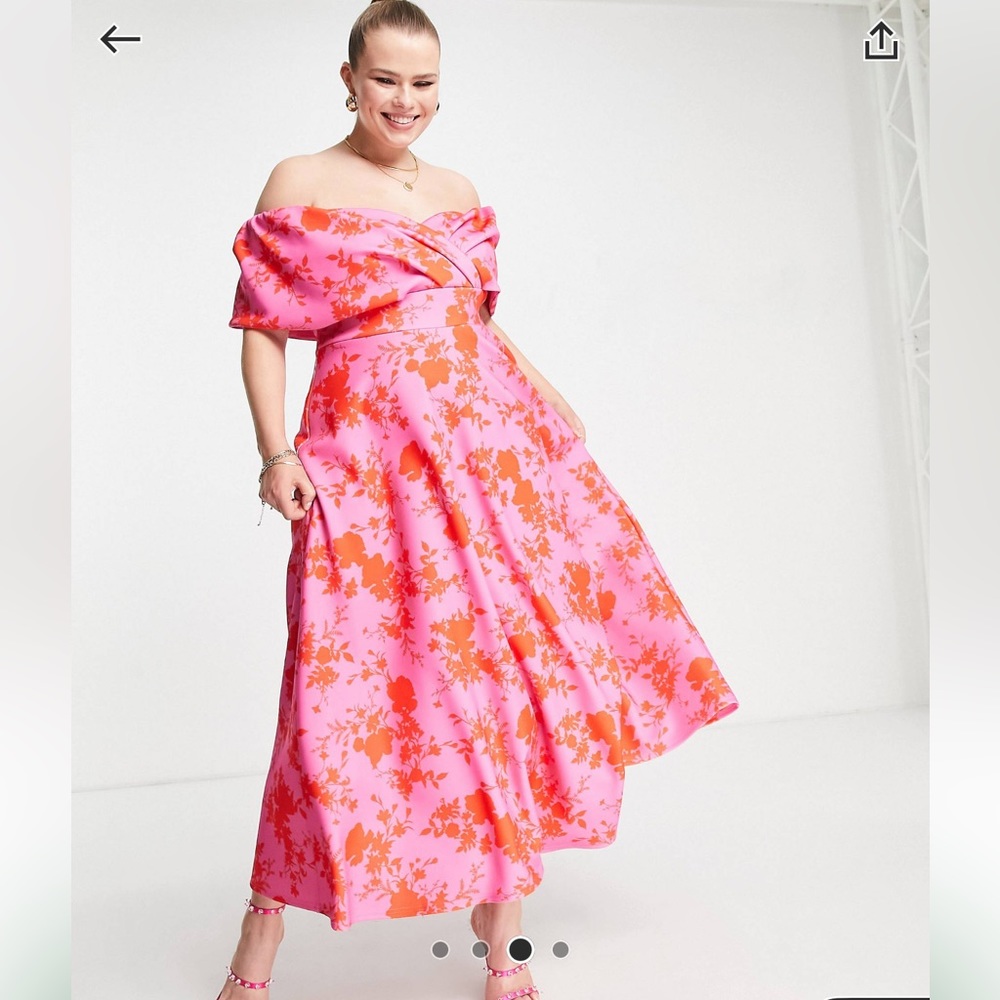 True Violet Plus off the shoulder midi dress in pink and red floral